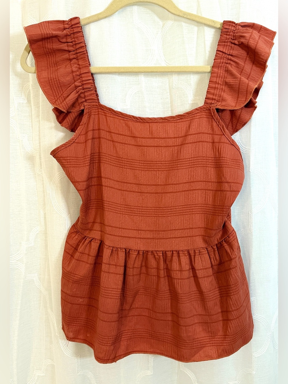 Terracotta Rust Ruffle Strap Babydoll Top | Tie Back Peplum Blouse Size Small